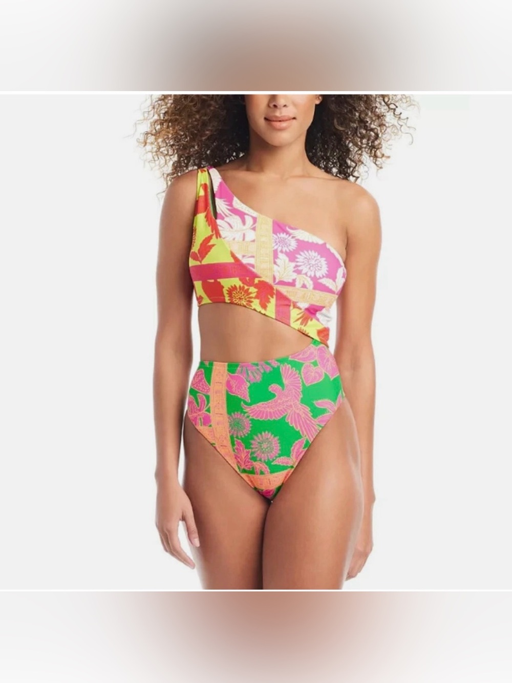 Bar III One-Shoulder Floral Cutout Swimsuit in Green and Pink
